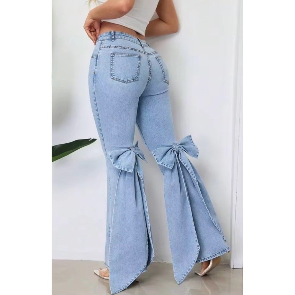 Casual Light Denim Flare Wide Leg Bow Jeans Coquette Feminine Boho Jeans XL - Picture 5 of 7